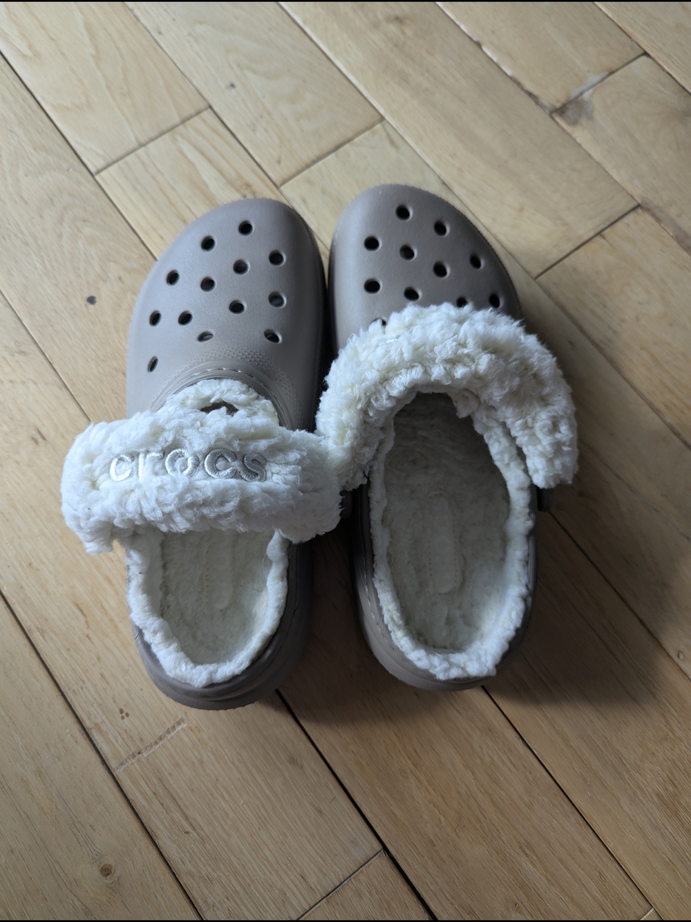 Crocs Cozy Lined Clogs in Taupe with White Sherpa